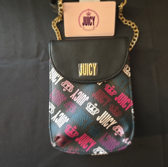 JUICY COUTURE Black Pink Logo Crossbody Cell Phone Bag Wallet Chain Strap Y2K - Picture 8 of 9